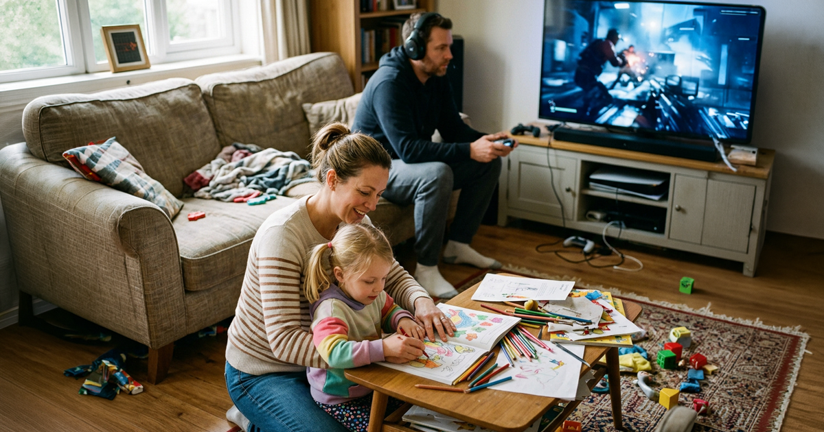 Man playing video games while Woman helps child with drawing