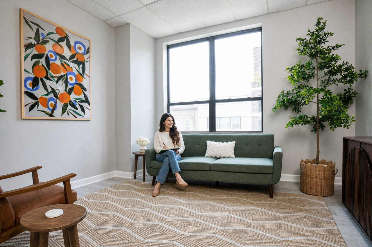 A woman writes in a journal on a green sofa beside a bright window in a therapy office