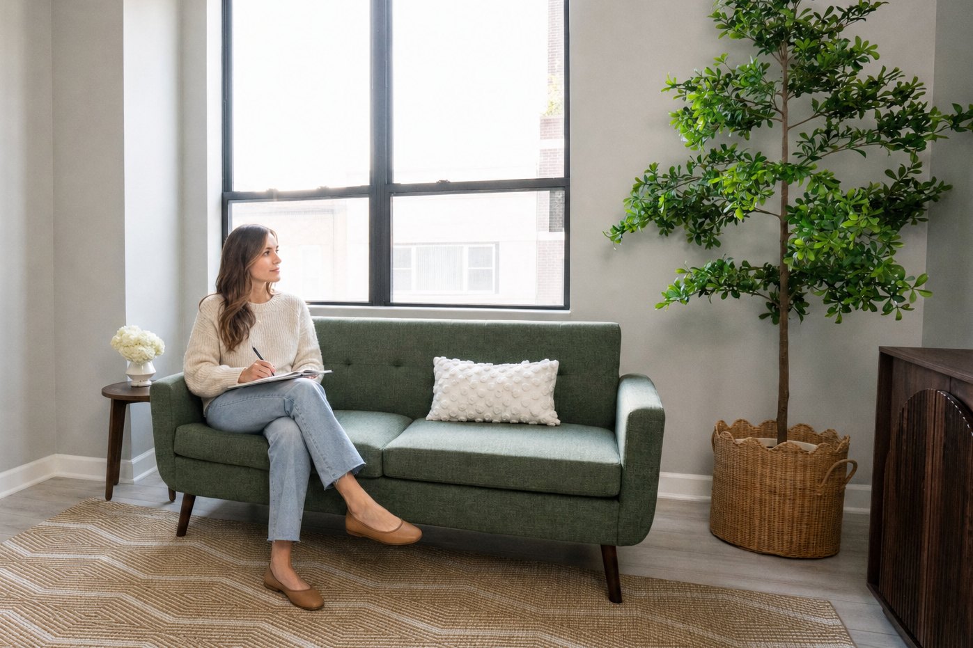 A young woman writes in a journal on a green sofa beside a bright window in a therapy office