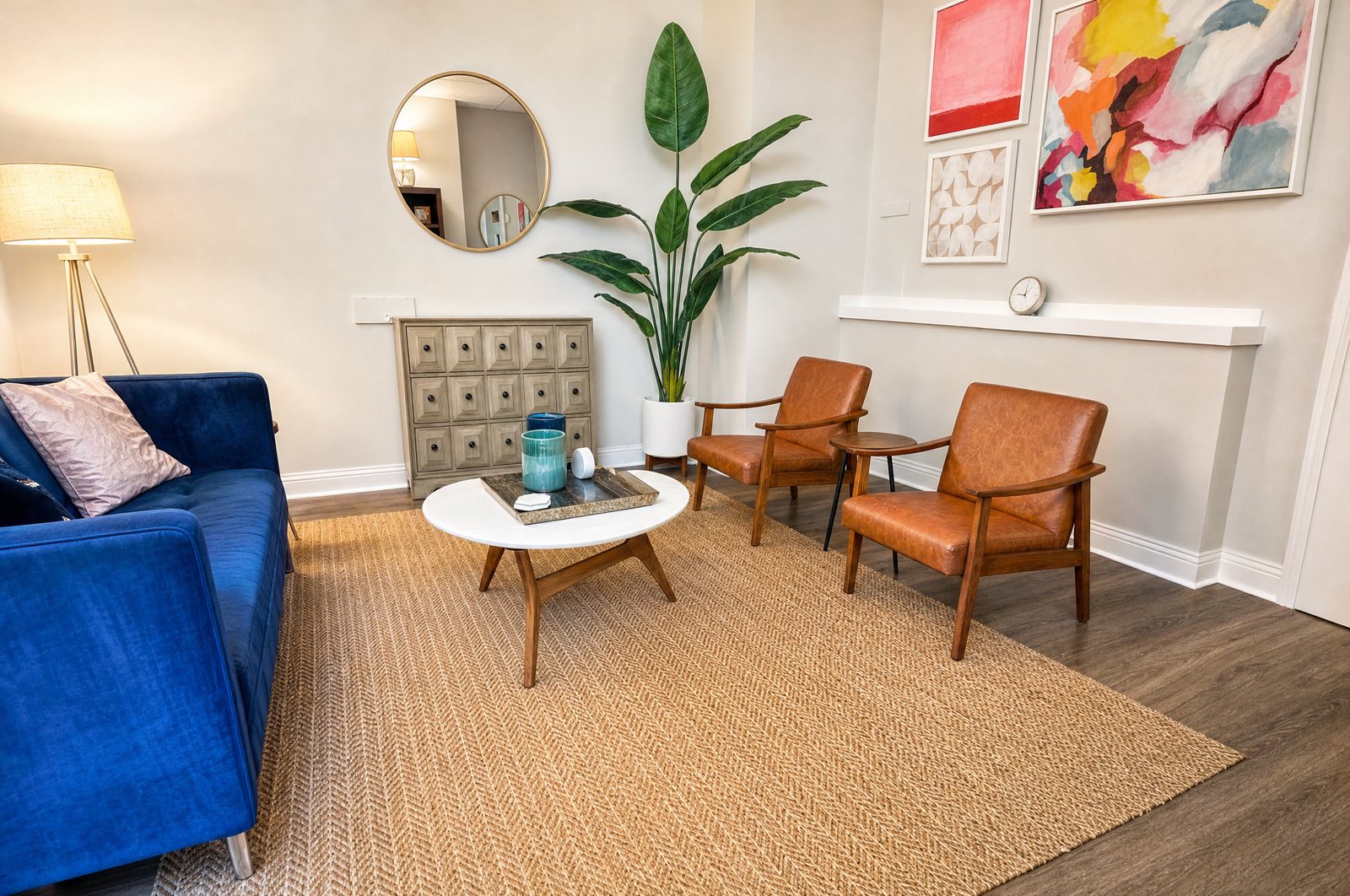 A bright therapy room with a blue sofa, round coffee table and two leather chairs