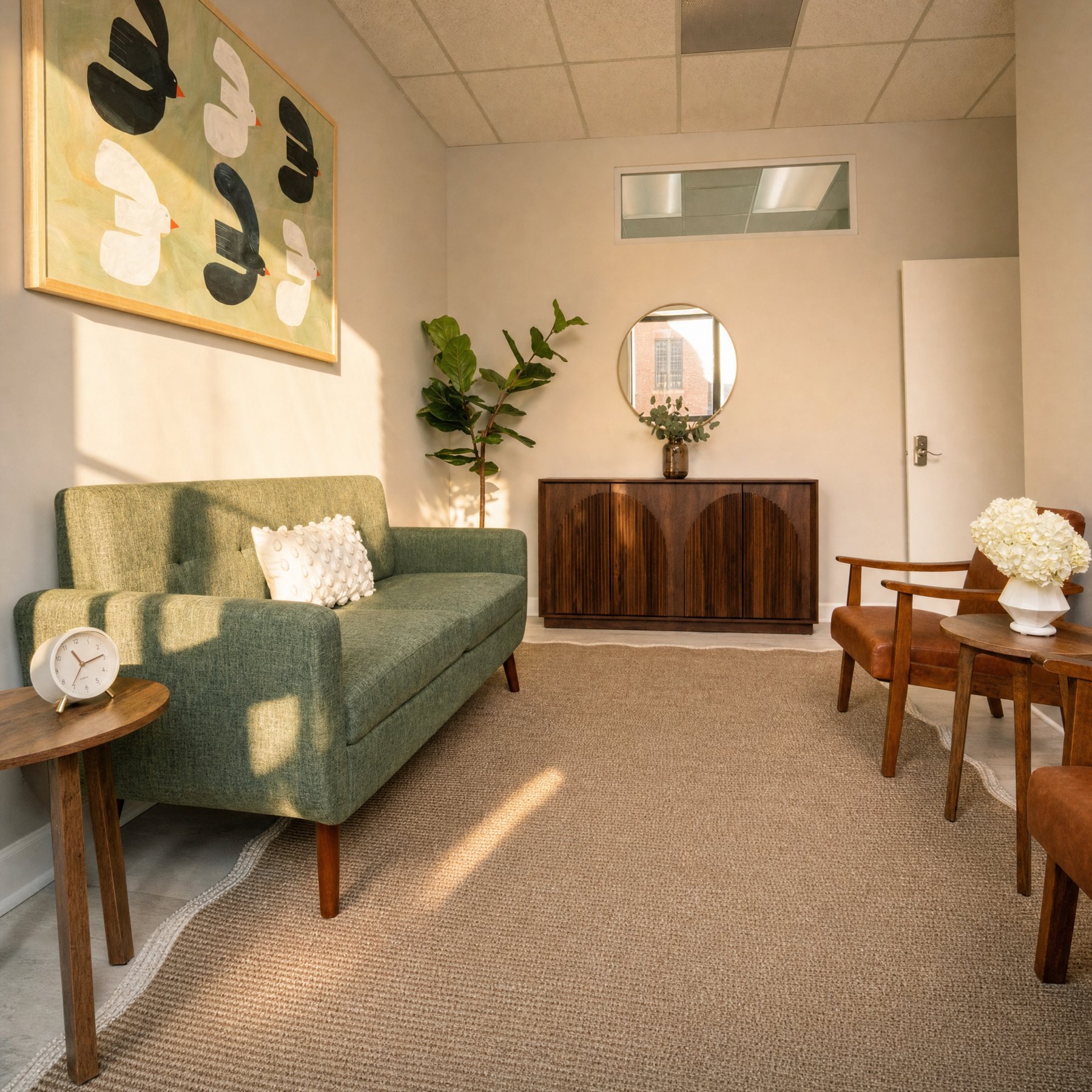 Sunlit therapy office with a green sofa, bird artwork, and a fiddle-leaf fig at our Lakeview location